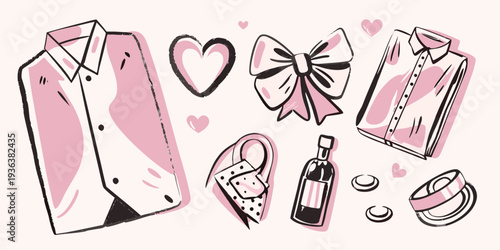 A collection of pink fashion items and accessories in a sketch style