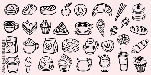 Variety of hand drawn desserts and sweet treats in black and white