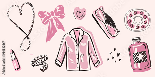 A collection of pink fashion and beauty items in a doodle style