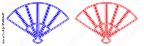 a colorful set of two traditional asian fans depicted as neon icons with a glowing blue and red outline on a white background, symbolizing culture and elegance