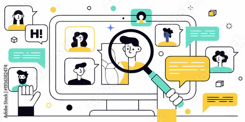 Illustration depicting online communication networking and user profiles