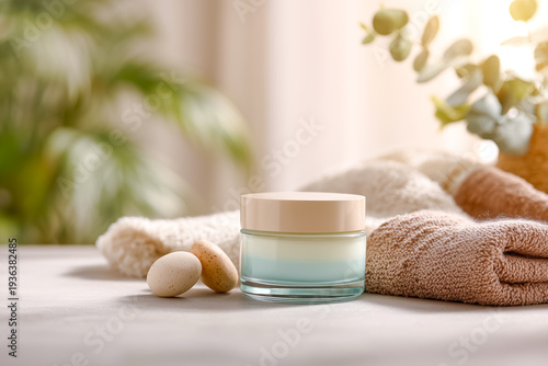 Serene morning skincare routine with cream and towels on table
