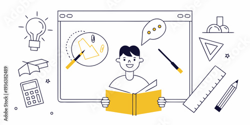Illustration of a student learning with various school supplies and concepts