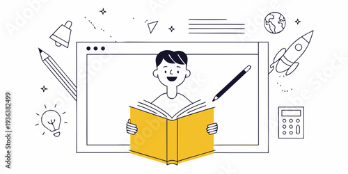 A young boy reads a book within a laptop screen surrounded by icons