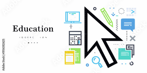Education themed illustration with icons and bold text design