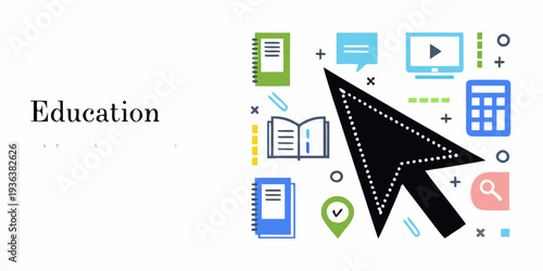 Education concept with icons representing learning and digital tools