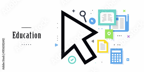 Education concept with cursor books and learning tools illustration