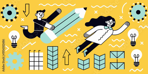People launching from pencils surrounded by innovation and growth symbols