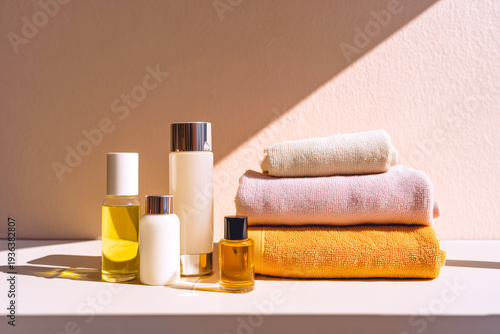 Skincare products on clean table beside folded towels soft morning