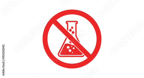 A striking red prohibition sign featuring a flask silhouette indicating a ban on chemical substances silhouette high quality