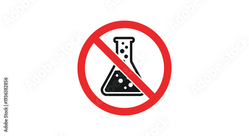 A red prohibition sign displays a black flask silhouette indicating no chemical substances allowed silhouette high quality professional