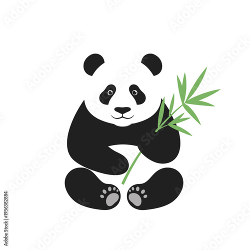 Cute Panda Bear Sitting with Bamboo Branch, Vector Illustration