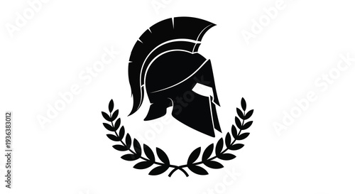 A striking black silhouette depicts a spartan helmet adorned with a laurel wreath silhouette high quality professional detailed