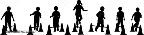 Set of 8 silhouette people running around traffic cones vector