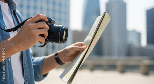 Man holding map and camera while exploring city outdoors  