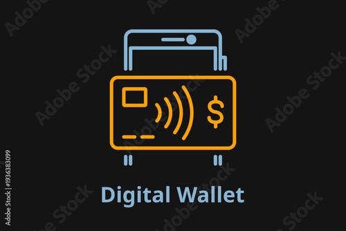 Digital wallet and contactless payment icon. Smartphone with credit card and NFC signal for mobile banking and financial transactions. Editable stroke line art vector illustration.