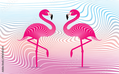 Wonderful flamingos with wavy pattern on sunset background