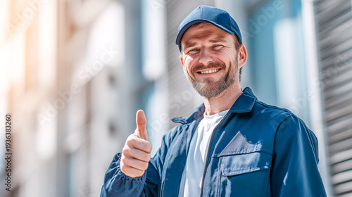 Smiling HVAC technician giving thumbs up outdoors in sunlight