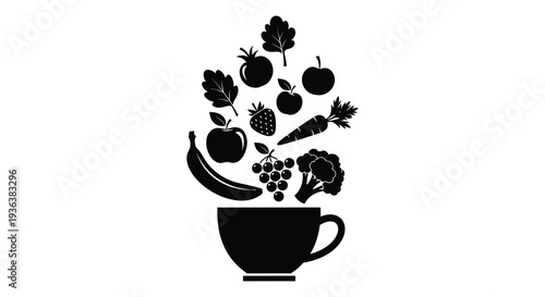 A black silhouette of fruits and vegetables spilling from a cup creating a vibrant still life silhouette