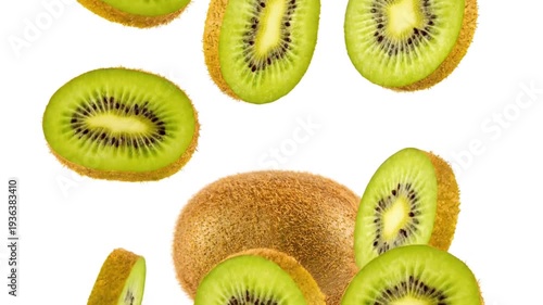 Fresh Kiwi Fruit Slices Falling Through Air.