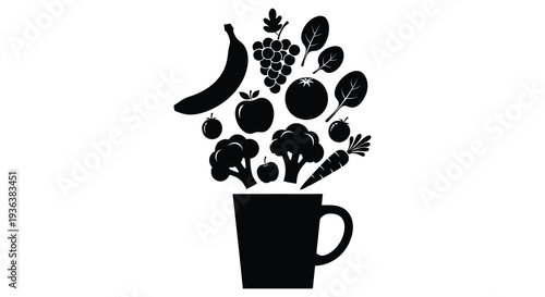 A striking black silhouette depicts a cornucopia of fruits and vegetables emerging from a cup silhouette high quality