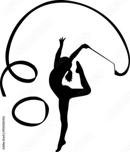 Vector silhouette of woman gymnast with ribbon