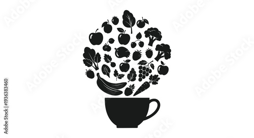 A black silhouette of a cup overflowing with various fruits and vegetables a healthy still life silhouette