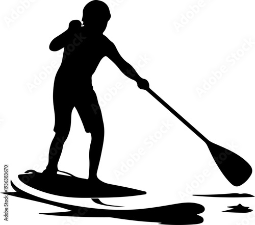 Black silhouette of a person paddleboarding vector