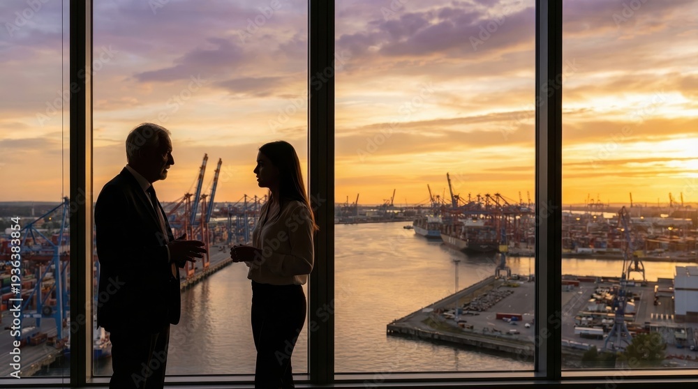 Fototapeta premium business meeting table silhouette sunset concept. Silhouetted businessman and woman discussing by large window overlooking harbor at sunset