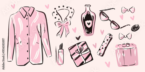 A collection of pink fashion items and accessories in a sketch style