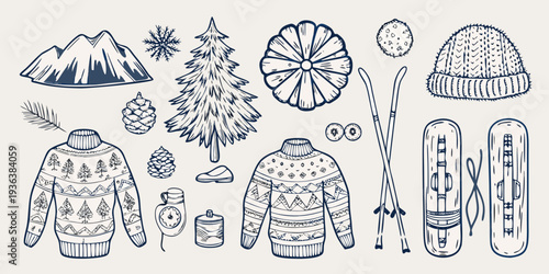 Winter themed hand drawn illustrations featuring mountains trees and cozy apparel