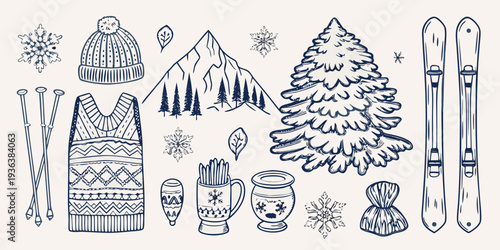 Winter themed hand drawn doodles including snow skis and cozy clothing