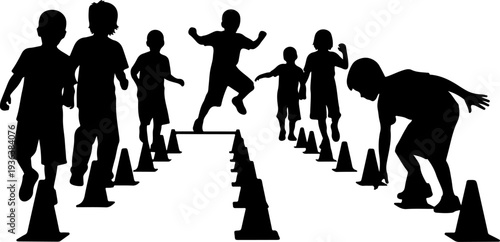 Set of 8 black silhouette children running obstacle course vector