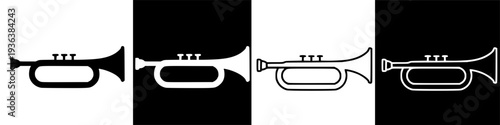 Illustration of a simple trumpet on a black background, minimalist music icon