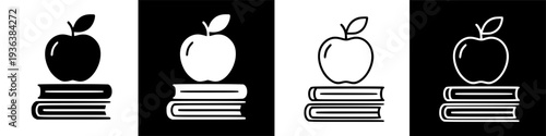 Conceptual illustration of education with solid and outline apple and book icons on black background.