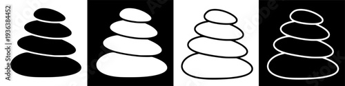 Zen stone stacking illustration with white background and black outline stones