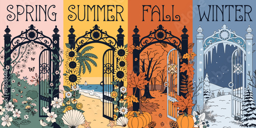 A colorful vector graphic illustration of four seasons with gates and seasonal elements