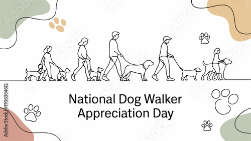 People walking dogs on national dog walker appreciation day with paw prints and colorful abstract shapes