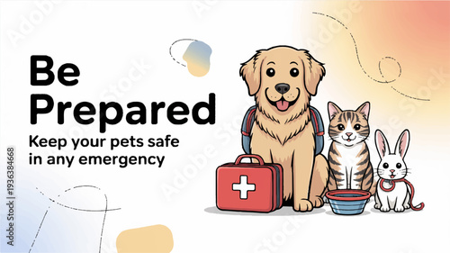 Pet emergency preparedness with dog cat rabbit and first aid kit safety concept