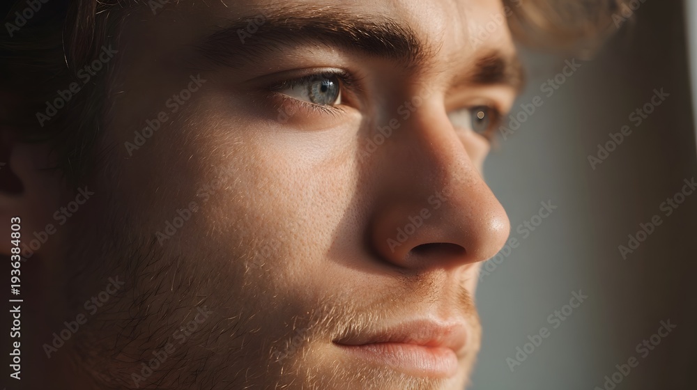 Obraz premium Detailed close up of a young man s profile featuring blue eyes and thoughtful expression under soft natural light