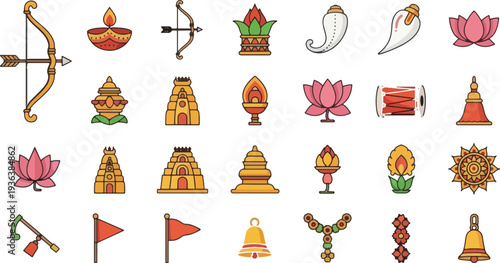 Hindu Temple and Festival Icons Collection on White Background