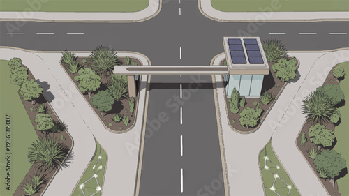 Overhead view of modern solar powered toll gate with road intersection and landscaped median
