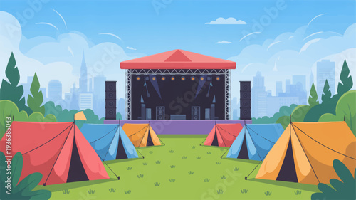 Colorful music festival campsite with tents and stage in green field under blue sky
