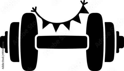 Vector weightlifting dumbbell icon with party banner