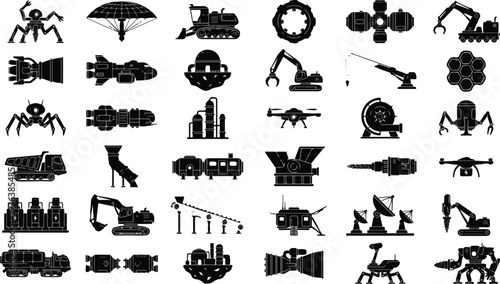 Diverse collection of black vector silhouette icons representing various industrial and futuristic machines and vehicles are arranged in a grid.