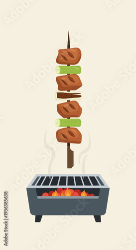 Barbecue Skewer Grilling Meat and Vegetables