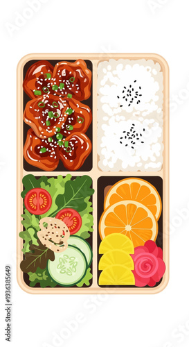 Bento Box Lunch: Korean Fried Chicken, Rice, Salad