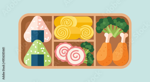 Bento Box Lunch with Onigiri and Fried Chicken