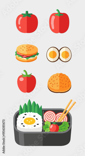 Bento Box Lunch with Sushi, Burger, and Tomatoes