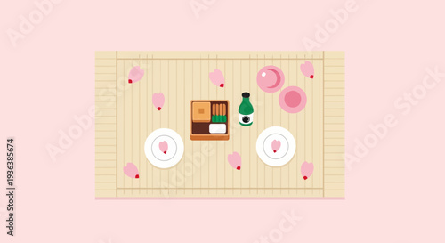 Bento Box Meal with Sake and Cherry Blossoms